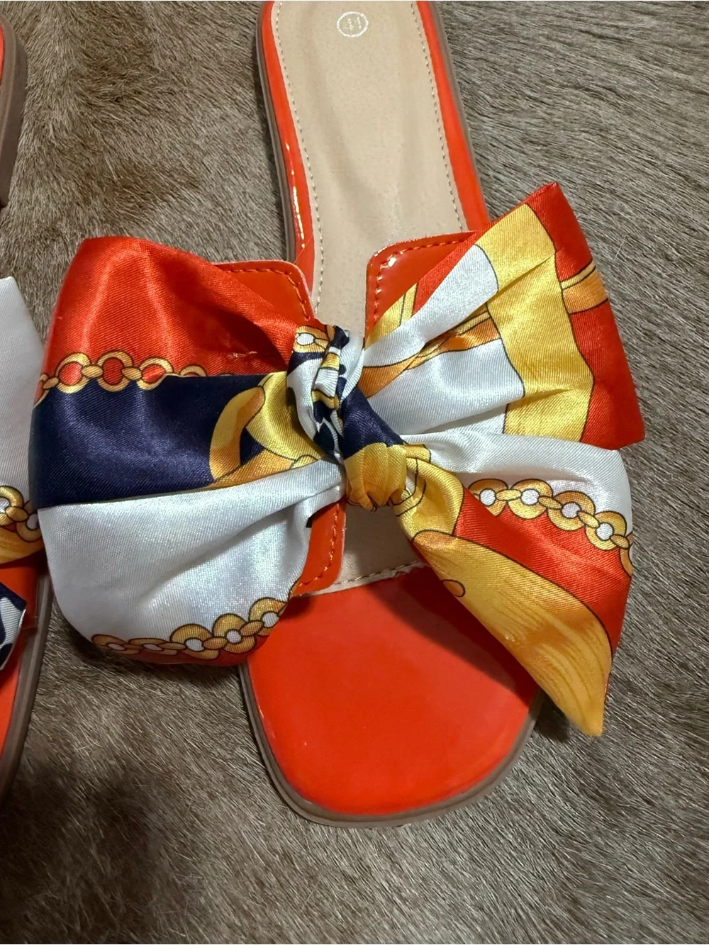 Never worn - Women’s Orange Bow Slide Sandals/Slides with Printed Scarf Accent
